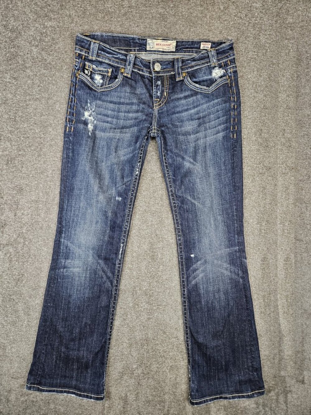 MEK Denim Oaxaca Bootcut Jeans Womens 28x34 (32x31) Dark Blue Distressed